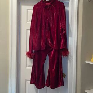 Grass field velvet red burgundy blouse & pants set fuzzy sleeves plus size 22